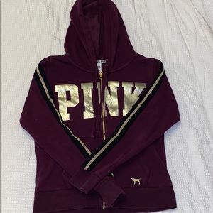 PINK Maroon Zip Up Hoodie with Gold Logo